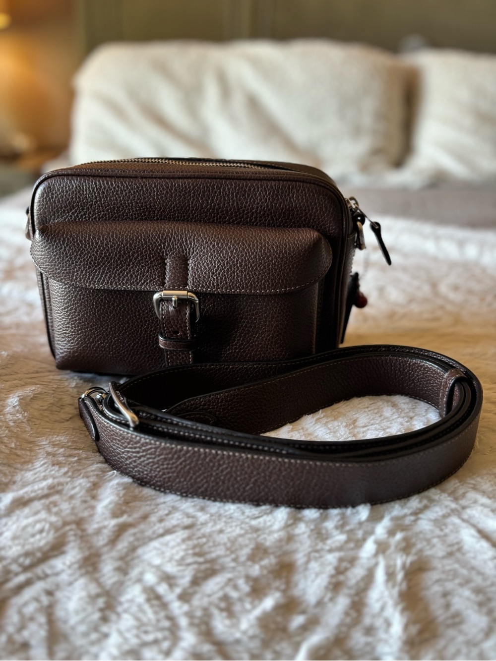 COACH Warner Camera Bag in Brown/Silver + COACH Cherry Charm